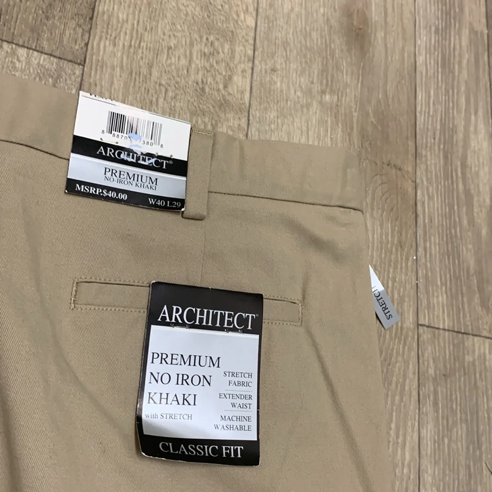 Mens NWT Architect No Iron Khaki‎ Business Casual Classic Fit Minimalist Pants